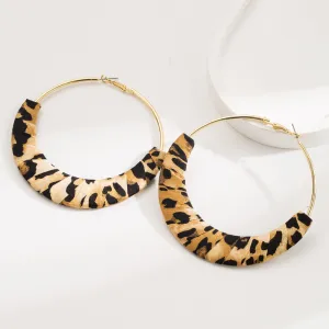Women Fashion Exaggerated Big Circle Leopard Ribbon Wrapped Hoop Earrings