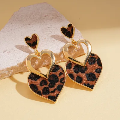 Women Fashion Retro Leopard Geometric Diamond Love Fan-Shaped Earrings