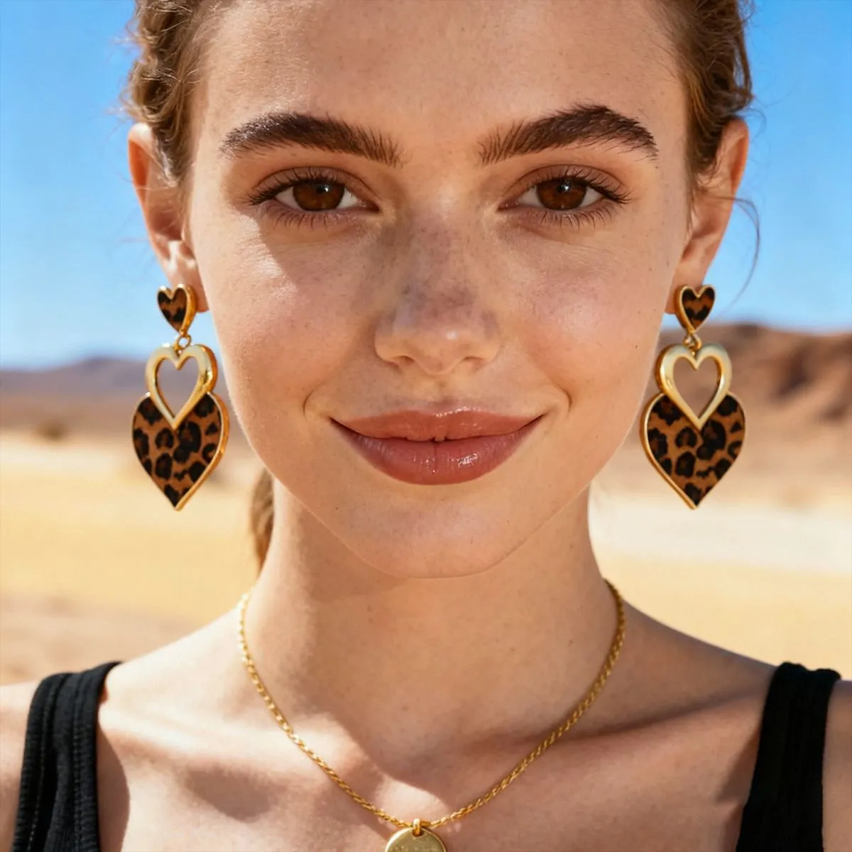 Women Fashion Retro Leopard Geometric Diamond Love Fan-Shaped Earrings
