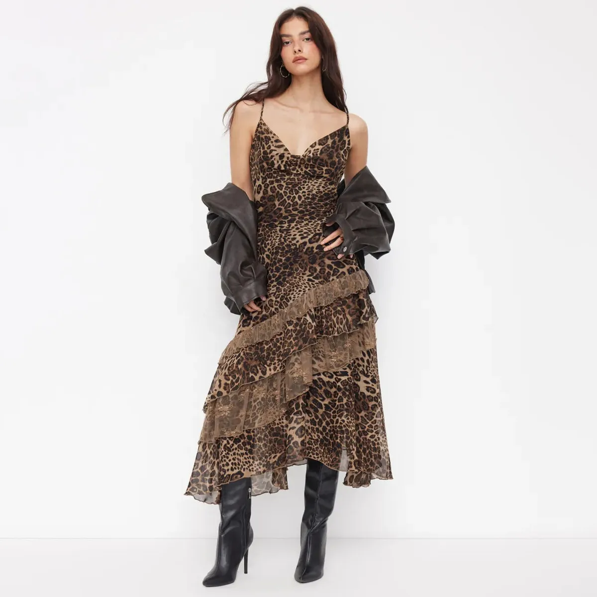 Women Fashion Sexy Summer Leopard Mesh Perspective Ruffled Spaghetti Strap Backless Dress