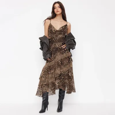 Women Fashion Sexy Summer Leopard Mesh Perspective Ruffled Spaghetti Strap Backless Dress
