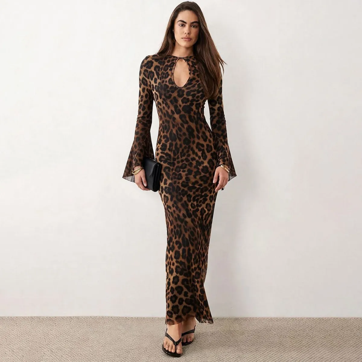 Women Fashion Sexy Leopard Mesh Long-Sleeve Slim Fit Dress