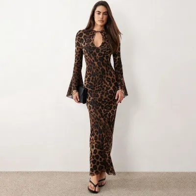Women Fashion Sexy Leopard Mesh Long-Sleeve Slim Fit Dress