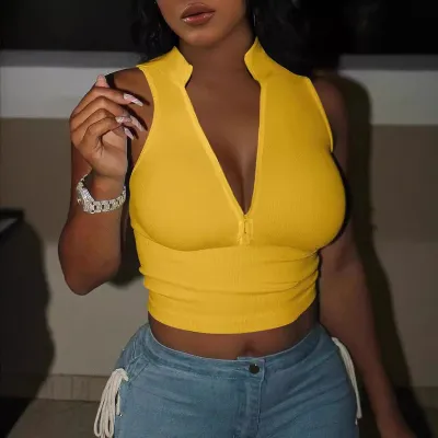 Women Fashion Sexy Solid Color V-Neck Sleeveless Zipper Crop Top