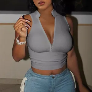 Women Fashion Sexy Solid Color V-Neck Sleeveless Zipper Crop Top