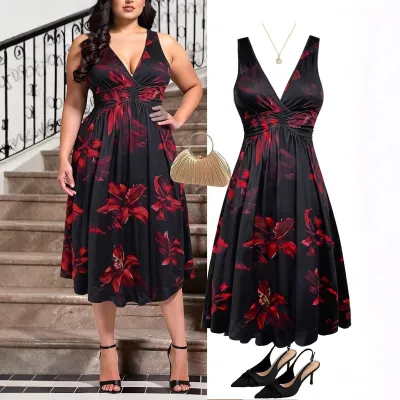 Women Fashion Sexy Leopard Printed V-Neck Sleeveless Pleated Dress
