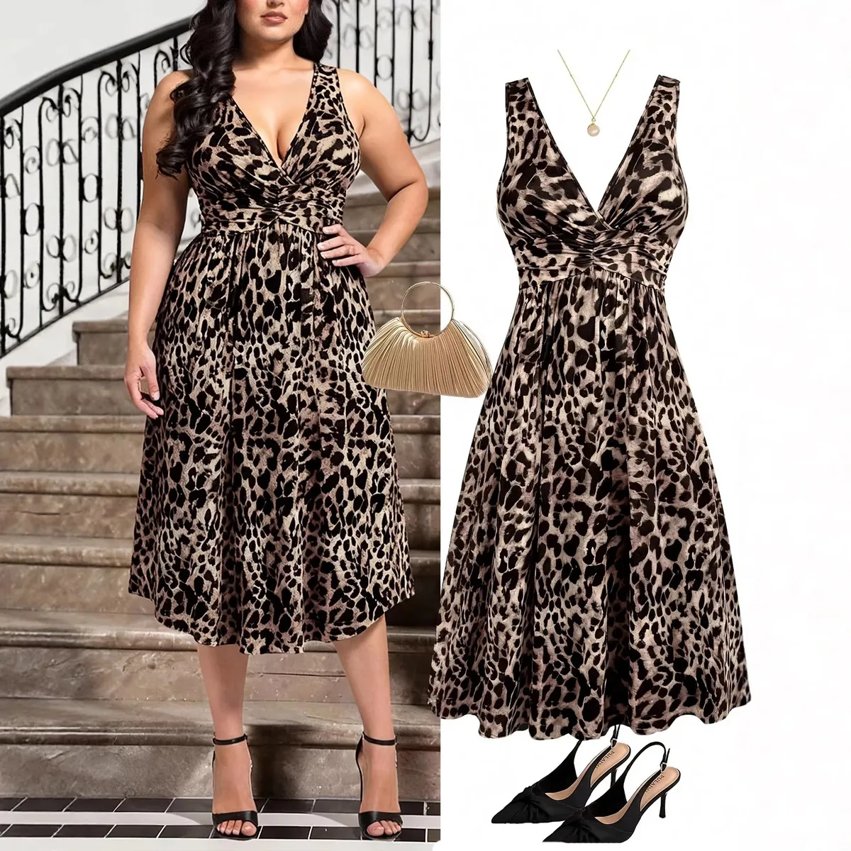 Women Fashion Sexy Leopard Printed V-Neck Sleeveless Pleated Dress
