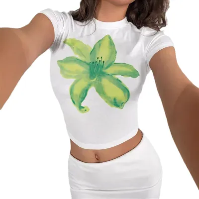 Women Fashion Sexy Green Floral Print Round Neck Short Sleeve Crop Top
