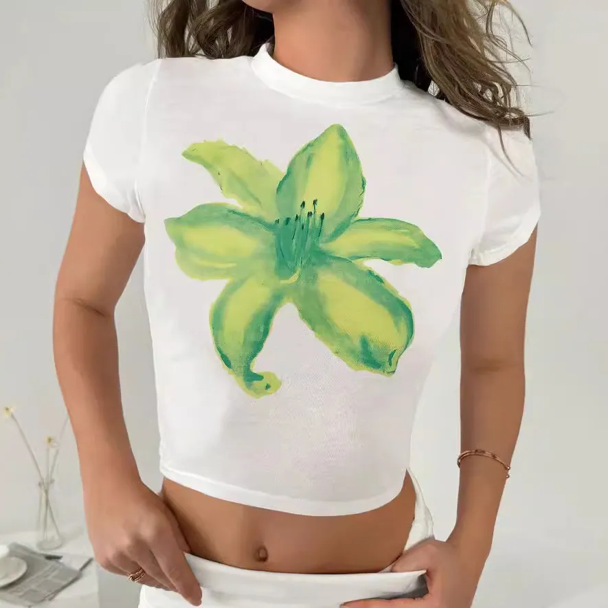 Women Fashion Sexy Green Floral Print Round Neck Short Sleeve Crop Top