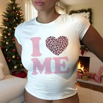 Women Fashion Sexy Pink Leopard Love Letter Printed Short-Sleeve Crop Top