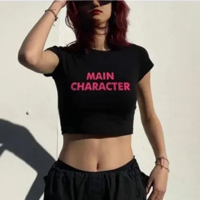Women Fashion Sexy Summer Letter Printed Slim-Fit Short-Sleeve Crop Top