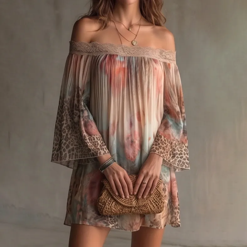 Women Fashion Sexy Flower Leopard Print Off-Shoulder Long-Sleeve Pleated Thin Loose Dress