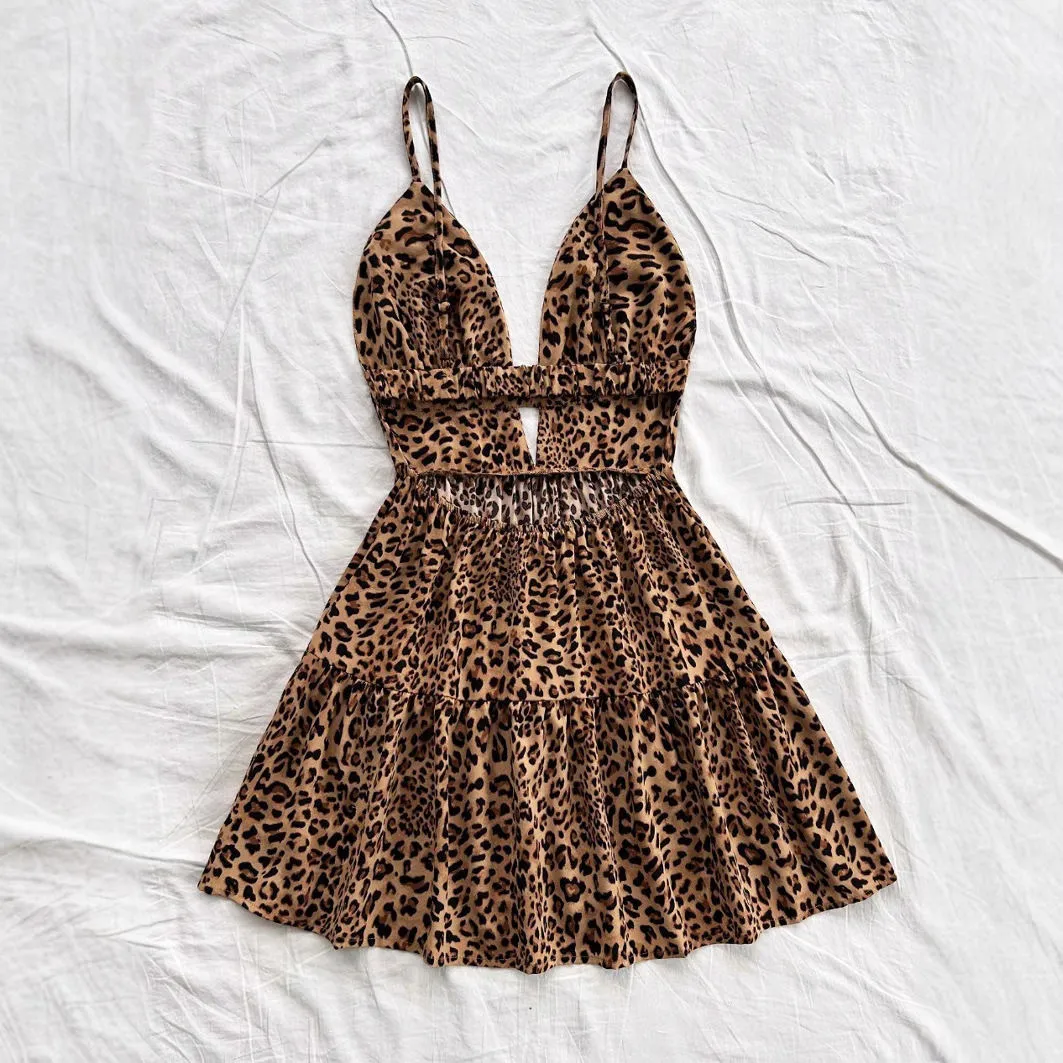 Women Fashion Sexy Summer Leopard Spaghetti Strap Backless Dress