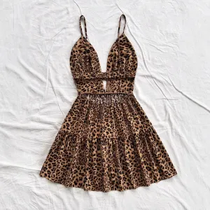 Women Fashion Sexy Summer Leopard Spaghetti Strap Backless Dress