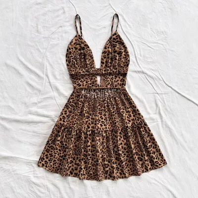 Women Fashion Sexy Summer Leopard Spaghetti Strap Backless Dress