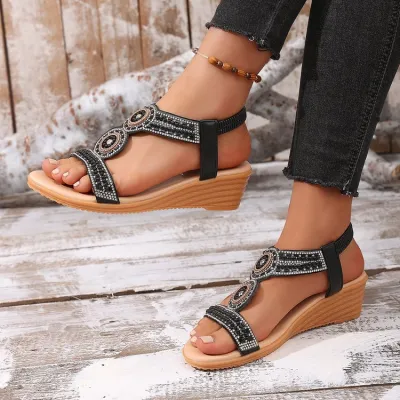 Women Fashion Boho Beads Wedge Sandals Round Toe Platforms
