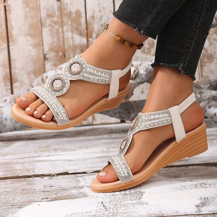 Women Fashion Boho Beads Wedge Sandals Round Toe Platforms