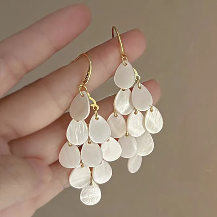 Women Fashion Retro Geometric Shell Tassel Earrings Stainless Steel