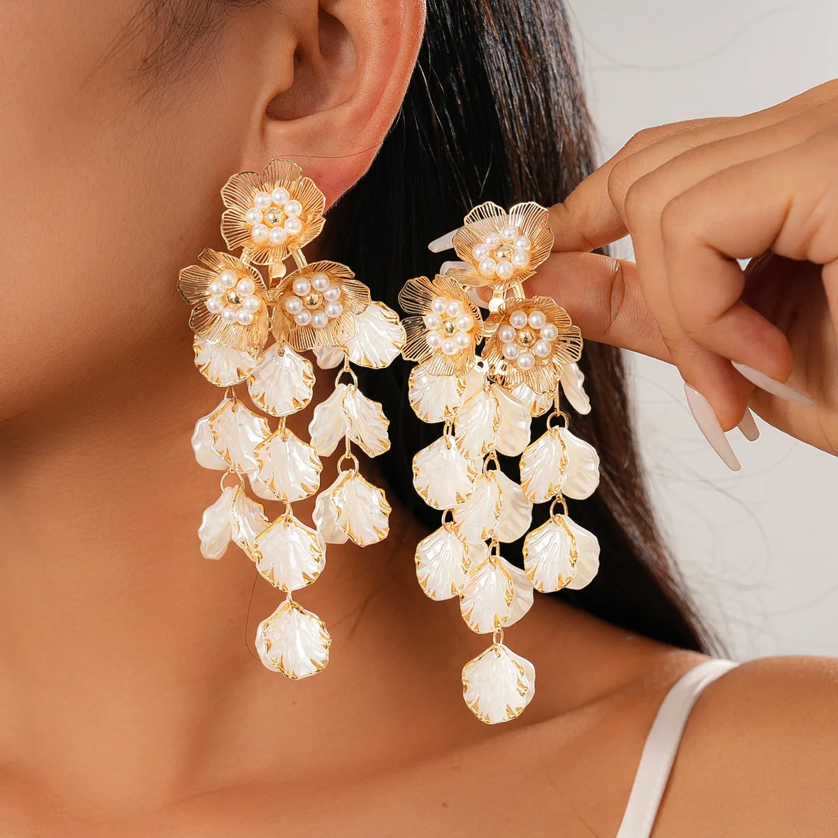 Women Fashion Imitation Pearl Shell Floral Tassel Drop Earrings 925 Silver