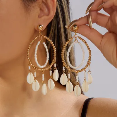 Women Fashion Elegant Boho Vacation Natural Shell Tassel Earrings