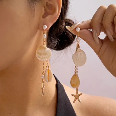 Women Vacation Style Shell Starfish Imitation Pearl Earrings