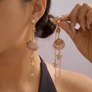 Women Vacation Style Shell Starfish Imitation Pearl Earrings