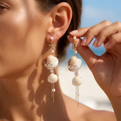 Women Fashion Summer Boho Imitation Pearl Shell Conch Earrings Stainless Steel