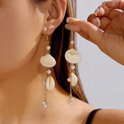 Women Fashion Summer Boho Imitation Pearl Shell Conch Earrings Stainless Steel
