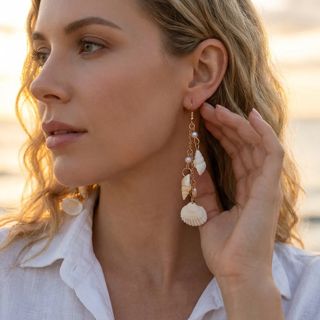 Women Fashion Summer Boho Imitation Pearl Shell Conch Earrings Stainless Steel