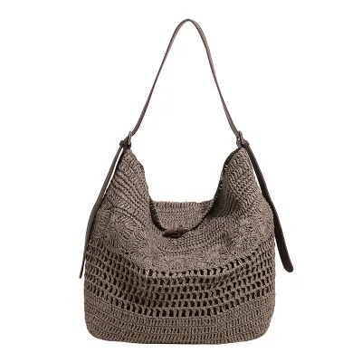 Women Fashion Solid Color Large Capacity Hollow Out Vacation Straw Shoulder Bags