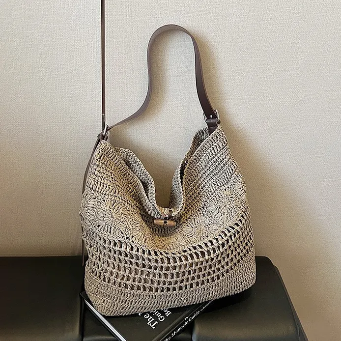 Women Fashion Solid Color Large Capacity Hollow Out Vacation Straw Shoulder Bags