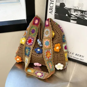 Women Fashion Floral Crochet Large Capacity Vacation Straw Shoulder Bags