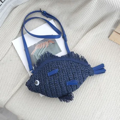 Women Fashion Cute Contrast Color Small Fish Handmade Woven Straw Shoulder Bags