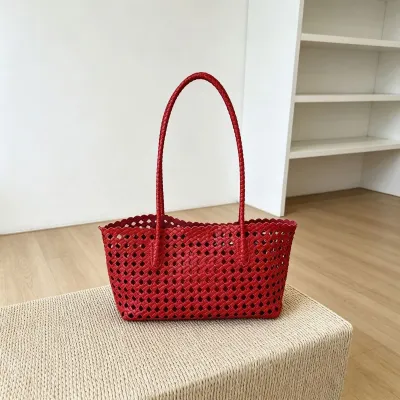 Women Fashion Solid Color Hollow PU Straw Shoulder Bags