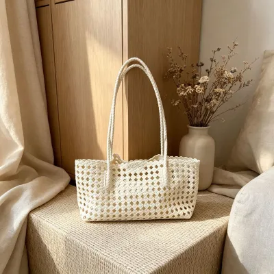 Women Fashion Solid Color Hollow PU Straw Shoulder Bags