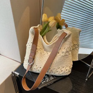 Women Fashion Solid Color Woven Crochet Large Capacity Vacation Straw Shoulder Bags