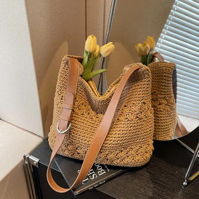 Women Fashion Solid Color Woven Crochet Large Capacity Vacation Straw Shoulder Bags