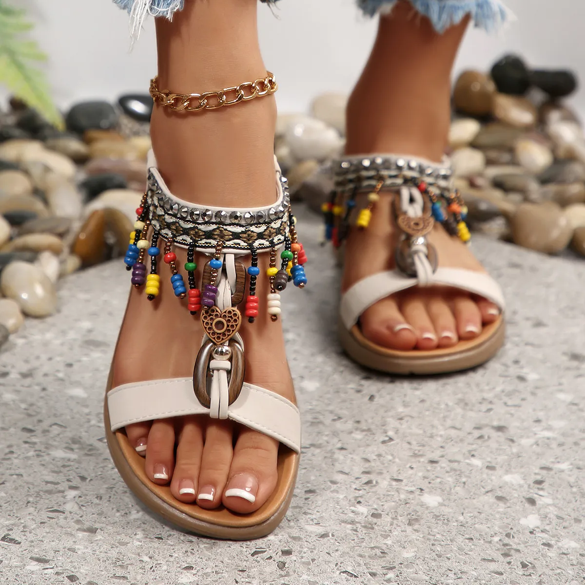Women Fashion Casual Boho Beaded Tassel Flat Sandals Plus Size