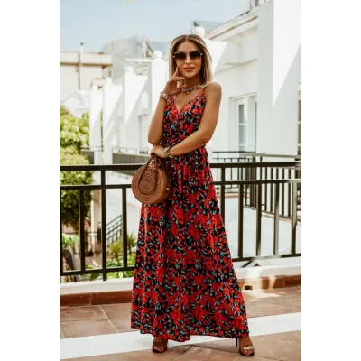 Women Fashion Summer Boho Vacation Printed V-Neck Sleeveless Dress