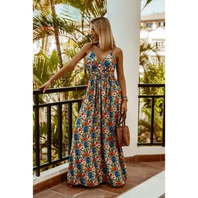 Women Fashion Summer Boho Vacation Printed V-Neck Sleeveless Dress