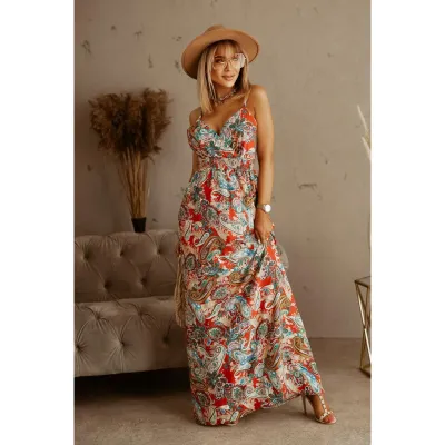Women Fashion Summer Boho Vacation Printed V-Neck Sleeveless Dress