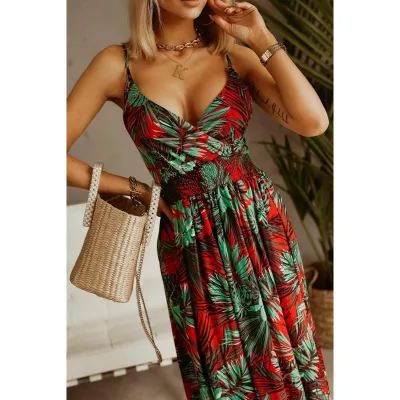 Women Fashion Summer Boho Vacation Printed V-Neck Sleeveless Dress