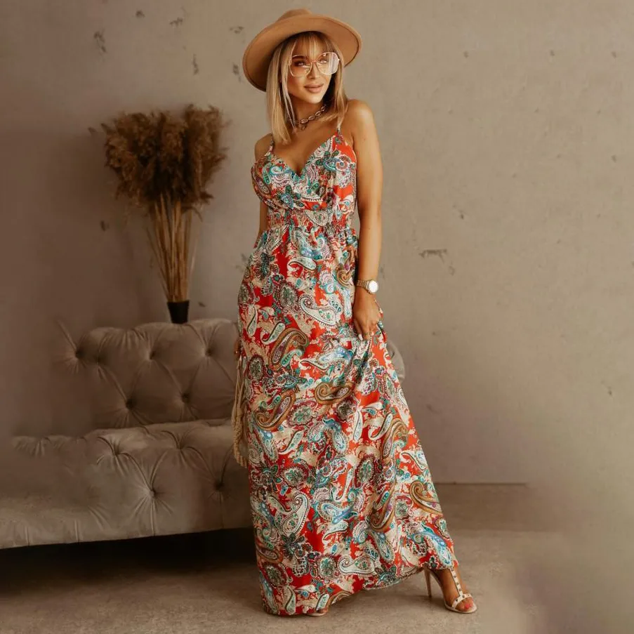 Women Fashion Summer Boho Vacation Printed V-Neck Sleeveless Dress
