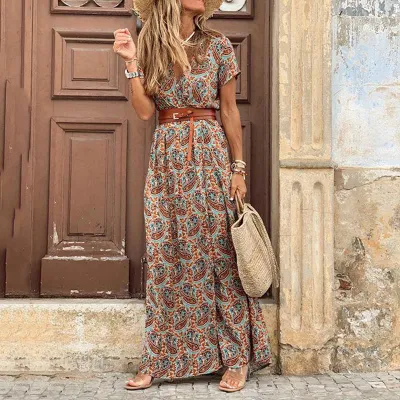 Women Fashion Summer Boho Vacation Printed V-Neck Short Sleeve Split Dress
