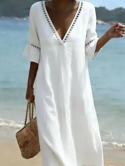 Women Fashion Summer Boho Vacation Solid Color V-Neck Short-Sleeve Loose Dress
