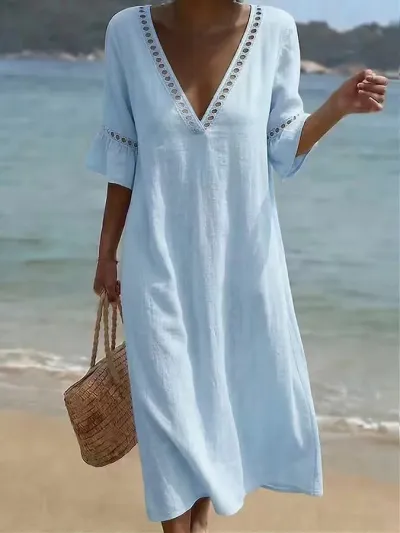 Women Fashion Summer Boho Vacation Solid Color V-Neck Short-Sleeve Loose Dress