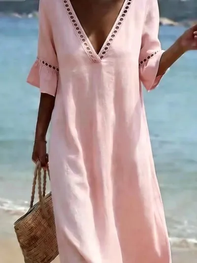 Women Fashion Summer Boho Vacation Solid Color V-Neck Short-Sleeve Loose Dress