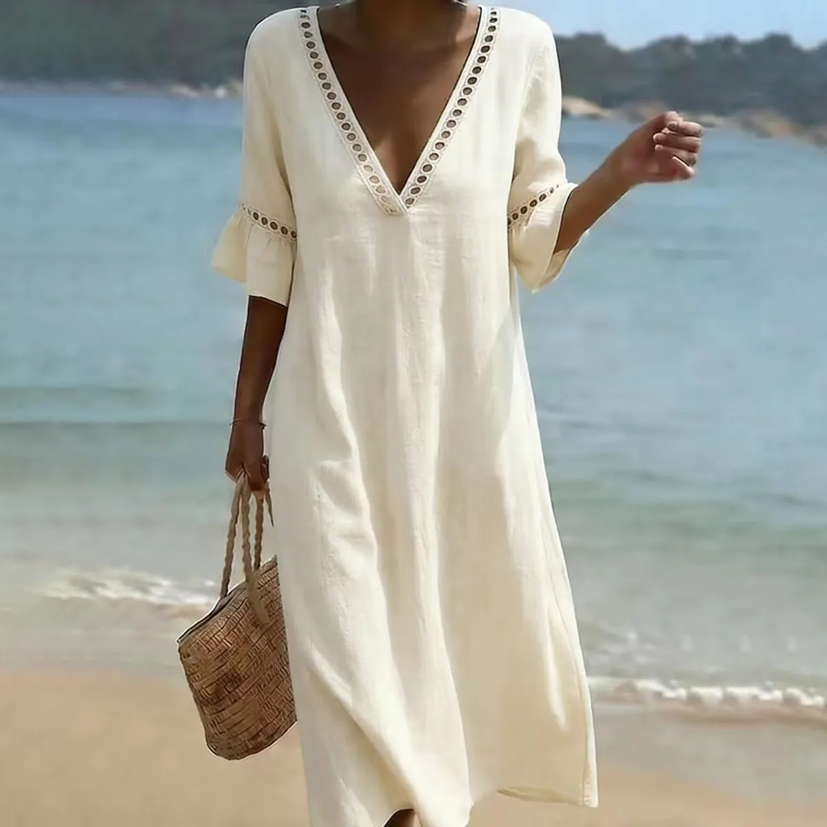 Women Fashion Summer Boho Vacation Solid Color V-Neck Short-Sleeve Loose Dress