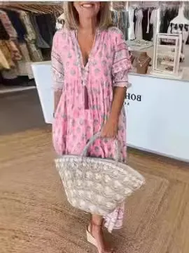 Women Fashion Casual Summer Boho Vacation Printed V-Neck Lantern Sleeve High Waist Large Swing Dress