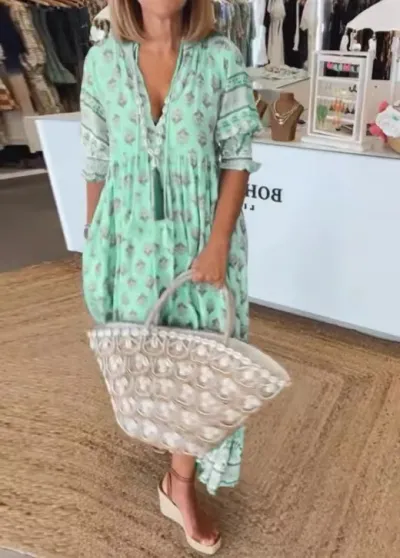 Women Fashion Casual Summer Boho Vacation Printed V-Neck Lantern Sleeve High Waist Large Swing Dress